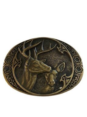 Award Design Medals brass belt buckle with deer. Buck and doe. Hunter, nature
